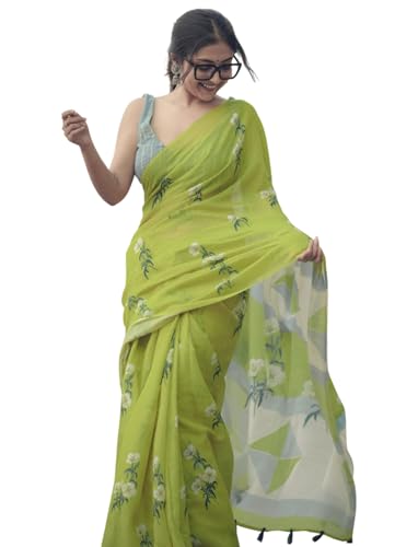 Women Digital Printed Linen Cotton Zari Border Saree with Unstitc...