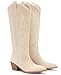 Pasuot Western Cowboy Boots for Women - Knee High Wide Calf Cowgirl Boots, Slip On Pointed Toe Chunky Heel Fashion Retro Classic Pull On Tall Boot for ladies Party concert Beige Suede US 9