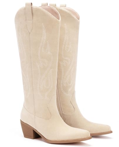 Image of Pasuot Western Cowboy Boots for Women - Knee High Wide Calf Cowgirl Boots, Slip On Pointed Toe Chunky Heel Fashion Retro Classic Pull On Tall Boot for ladies Party concert