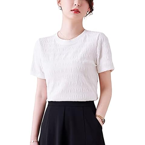 Women's Casual Summer Short Sleeve Tops Round Neck Stretch Pom Pom Tees White M Cover
