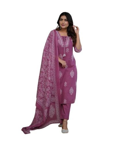 Image of DR DIGITAL Women's Cotton Printed Straight Kurti with pant and Dupatta Set