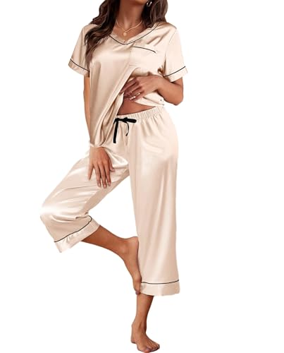 Remidoo Women's Short Sleeve V Neck Shirt with Capri Pants Lounge Set Silk Pj Set