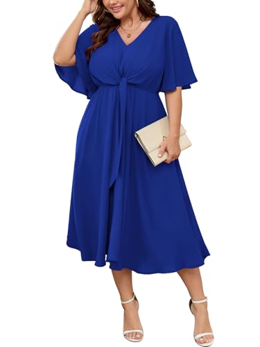 Image of SCOMCHIC Women Plus Size Midi Dresses Wedding Guest Short Sleeve V Neck Tie Waist Casual Summer Flowy A Line Dress