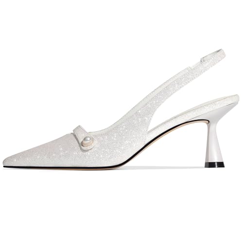Image of Women Kitten Heels Slingback Low Heel Pumps Dress Shoes for Women Closed Pointed Toe Pearl Heels for Work Wedding Bridal