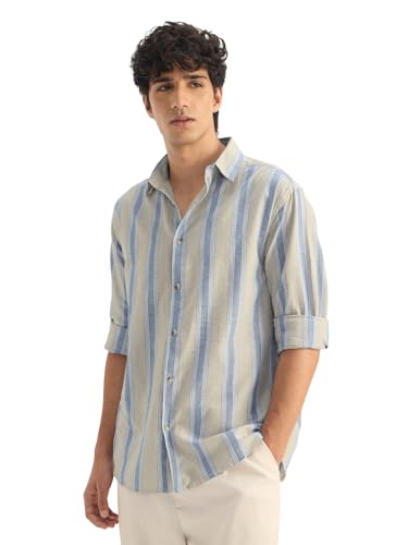 Image of The Souled Store Cotton Linen Stripes: Azure Men and Boys Long Sleeves Collared Neck Button Front Regular Fit Cotton Linen Shirts