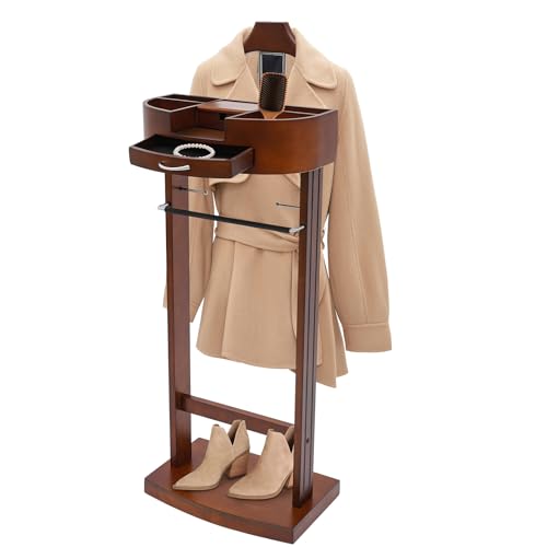 Suit Valet Stands with Drawer & Trouser Holder - Freestanding Wood Suit Rack for Clothes, Hats, Bags | Birch & Iron Bronze, 22 lbs Capacity, Space Saving (Brown) - Thumbnail 3