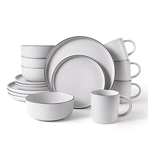 Dinnerware Sets,Dish Set for 4,Stoneware Plates and Bowls Set with Mugs,Microwave,Oven & Dishwasher Safe,White Sesame 16 Pieces
