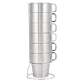 Tasse en acier inoxydable, 6 tasses en acier inoxydable empilables, utilisées pour la bière, le café, le thé, le lait, le jus, tasse à café isolée à double couche, avec poignée et porte-gobelet