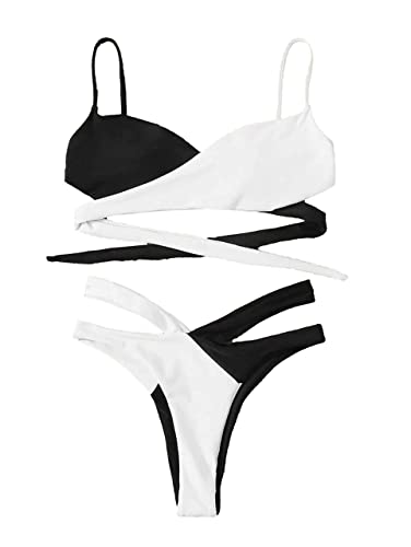 Lilosy Sexy Cute Wrap Push Up Cutout Two Color Block High Cut Leg Thong Brazilian Bikini Swimsuit Set Women Cheeky Bottom Colorblock Bathing Suit 2 Piece Black And White Small #TOP2