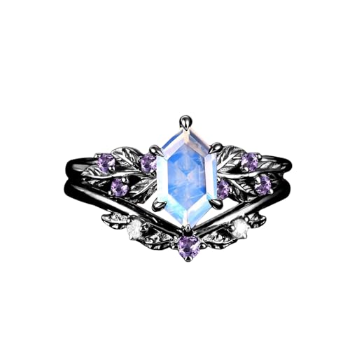 S925/10K/14K/18K Solid Gold Long Hexagon Gemstone Vintage Engagement Ring Set Leaf Unique Vine Gemstone Wedding Anniversary Ring Set Black Gold Bridal Ring Set