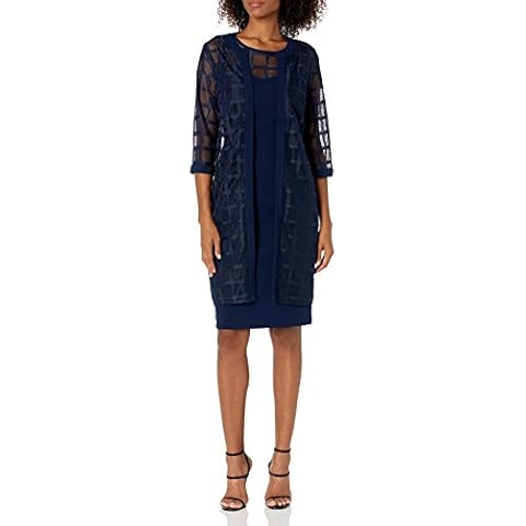 MAYA BROOKE Women's Windowpane Pattern Mesh Lace Jacket Knit Dress Set, Navy, 14 Cover