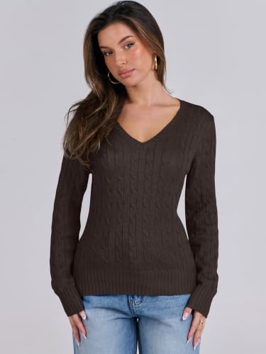 Image of ANRABESS Women's Cable Knit V Neck Fitted Sweaters