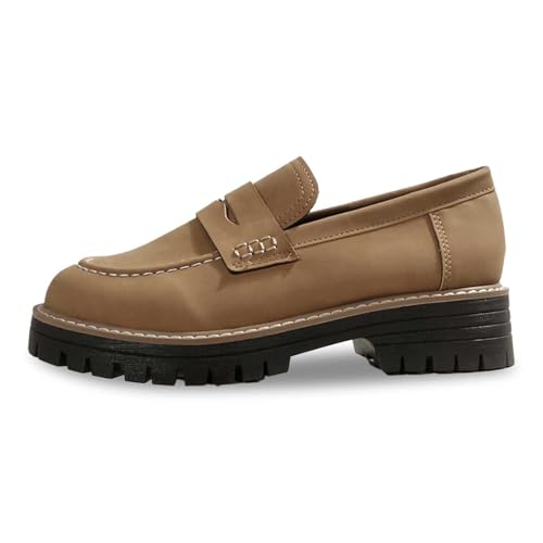 Image of Leather Platform Loafers Shoes for Women Size 3-8 with Chunky Heel Slip On Low Heel Work Boat Shoes Retro Casual Comfy Penny Moccasins for Office Daily,Khaki,6
