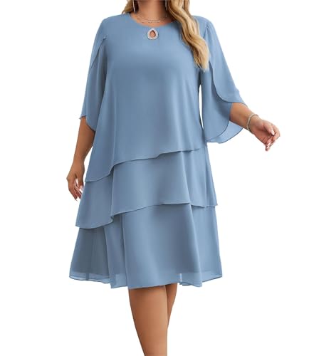 Hanna Nikole Elegantes Chiffon-Kleid für Damen mittellange Ärmel Rundhalsausschnitt gestuftes einfarbiges Midikleid Blaugrau 48