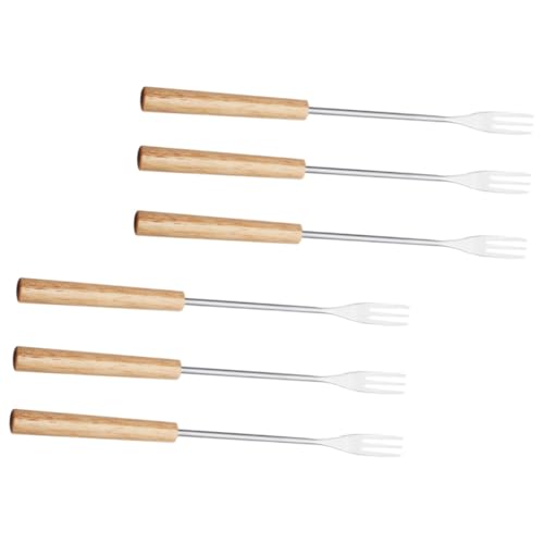 HOLIDYOYO Set of 6 Cheese Fondue Forks Stainless Steel Wooden Handle Ideal for Fondue Camping Travel