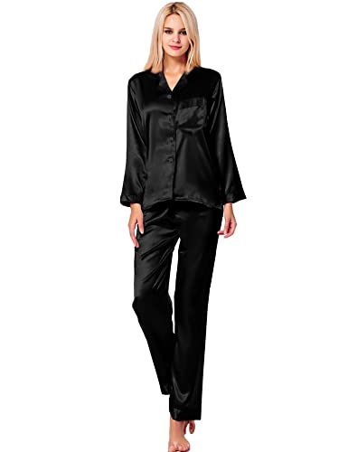 SWOMOG Long Sleeve Pajamas Set Silk Satin Sleepwear Button Down Pjs Loungewear with Pocket3