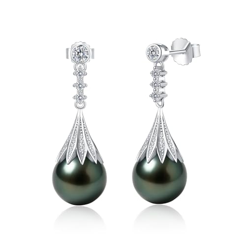 Genuine Tahitian Black Pearl Earrings, 8-11mm AAAA Grade Handpicked Natural Seawater Pearl Stud Earrings with D Color Moissanite & 18K White Gold Plated Sterling Silver, Luxury Jewelry Birthday Gifts for Wife, Women, Mother, Mom, Girlfriend, Anniversary, Christmas