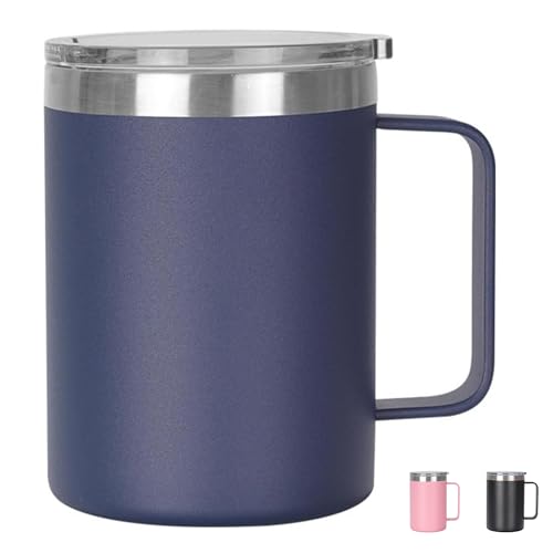 Thermal Mug, Insulated Coffee Mug with Handle and Sliding & Straw Lid, Leakproof Reusable Double Walled Vacuum Stainless Steel Travel Camping Cafe Tumbler Cup,Dishwasher Safe (Blue, 16 oz)