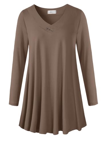 LARACE Women Plus Size Tunic Tops Long Sleeve Shirts (Khaki, 1X)