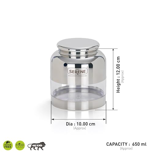 Image of Serene Stainless Steel Exotic See-Through Jar | Airtight Jars for Kitchen Storage | Premium Steel Jars with One Turn Lock Lid | Transparent Stainless Steel Containers | 650ML | 6 PC
