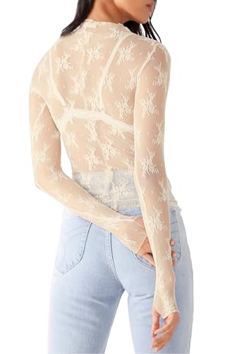 KMBANGI Women's Mesh Lace Long Sleeve Top Mock Neck Sheer Blouse Floral Lace Layering Tops Y2k See Through Tee Shirt2