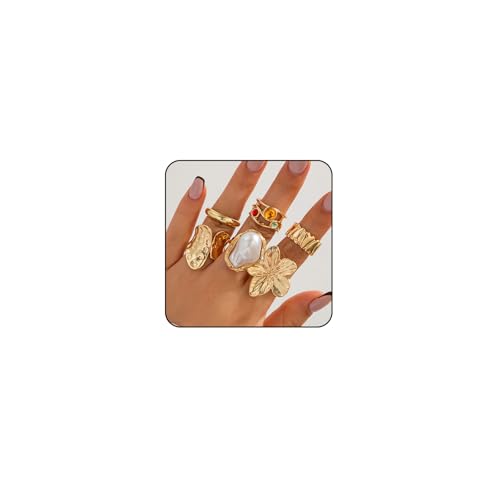 6PCS Chunky Gold Rings for Women Non Tarnish Statement Silver Rings Set Pearl Flower Rings for Women Stackable Knuckle Ring Chunky Jewelry