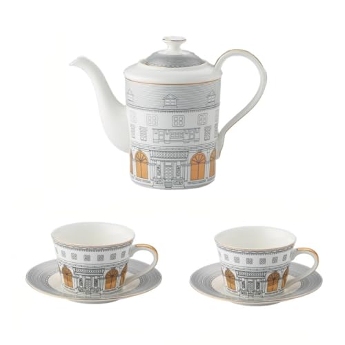 Domini Personalized Architectural Ceramic Tea Cup and Saucer Set,5-piece gift box set with 1 pot, 2 cups and 2 plates
