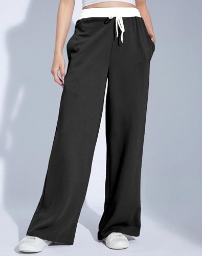 Image of Mehrang Wide Leg Drawstring Pants, with Contrast Waist Band || Casual Lounge Wear Side with Pockets, High Waisted, Relaxed Fit Trouser for Women
