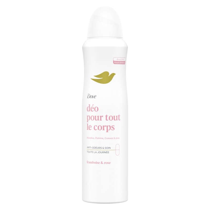 Dove Deodorant für den ganzen Körper – Spray – Himbeere & Rose – gegen Gerüche und weiße Flecken 72 Stunden – für empfindliche Haut – 150 ml