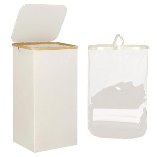 Cesto Ropa Sucia con Tapa 100L, Cestos para la Ropa Plegables, Laundry Basket de Tejido Oxford 600D Impermeable con Bolsa Extraíble y Asas, Puede Usar Dormitorios, Salas Estar (Beige)