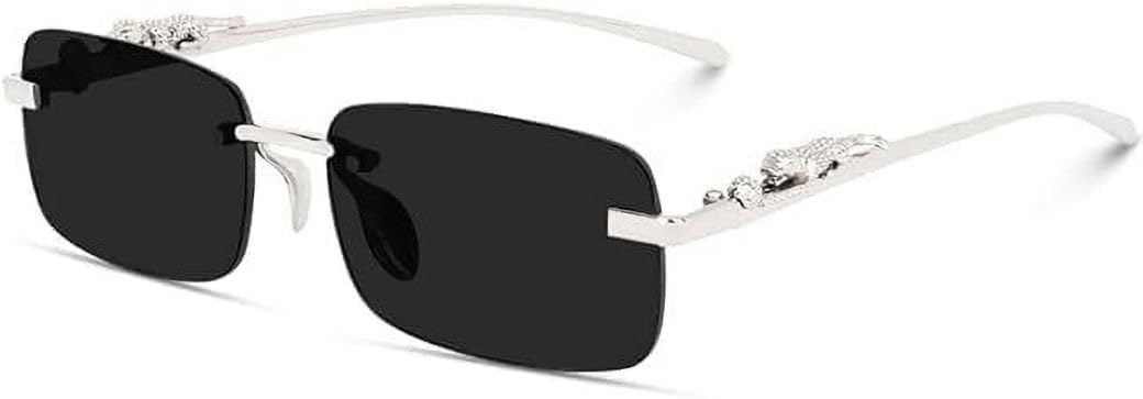 rich club Rimless Rectangle Sunglasses with Leopard Metal Arms, Black;-picture-26
