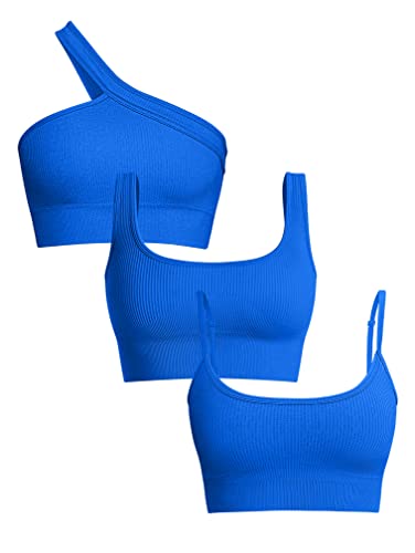 Oqq Women's 3 Piece Medium Support Tank Top Ribbed Exercise Seamless Scoop Neck Sports Bra One Shoulder Tops Crop Tops Blue #TOP24
