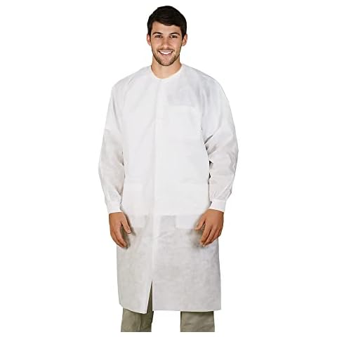 EZGOODZ White Disposable Lab Coats for Adults, Small. 10 Pack Medical PPE Coat. SPP 45 GSM Painting Lab Coat with Cuffs, Collar, Plastic Snaps, 3 Pockets. Splash-Proof Disposable Coats Medical Cover