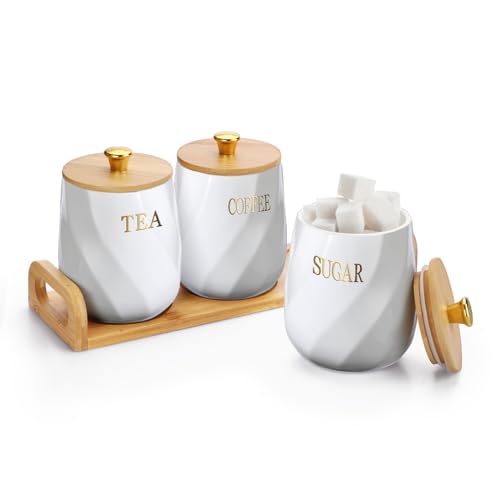 BTSKY Botes de cerámica para cocina con tapa y bandeja, recipientes herméticos blancos para azúcar, café, té con bandeja de madera, tarros de almacenamiento de alimentos para encimera de cocina