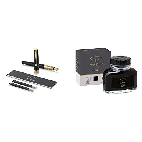 Parker Sonnet Black Lacquer Fountain Pen, Fine Nib, Black Ink & 1950375 Quink Ink Bottle, Black, 57 ml