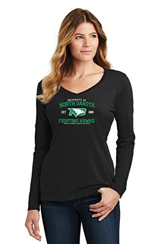 CornBorn North Dakota Fighting Hawks Womens V-Neck Shirt - North Dakota Arch Primary Logo - Black - Large