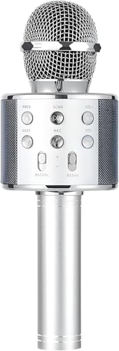 Wireless Bluetooth Karaoke Microphone Portable Handheld Mic Speaker 3-in-1 for All Smartphones Gifts Silver