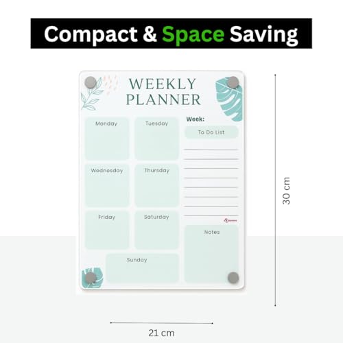 Image of Magnetic Weekly Planner & to-Do Board for Fridge (A4 - 21x30 cm) | Acrylic Dry Erase Chart for Kids & Adults | Strong Magnets, 2 Markers & Eraser Cloth | Meal Plan, Chores & Notes | Green