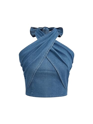 SweatyRocks Women's Crisscross Tie Neck Sleeveless Halter Fitted Ruched Denim Tank Top