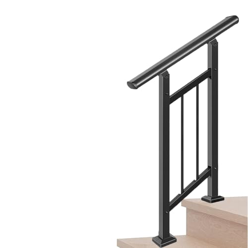 Metty Metal Handrails for Outdoor Steps Suitable for 1 to 2 Steps- Wrought Iron Stair Railing- Step Steady with 2 Feet Handrailing- Safe Indoor Home Banisters (Black with Balusters)
