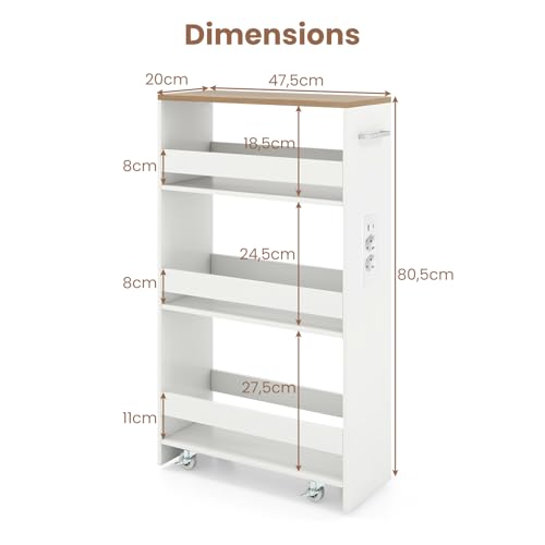 KOMFOTTEU Carro de Cocina de 4 Niveles, Carrito Auxiliar con Estación de Carga, Carrito Estrecho Ahorra Espacio con 4 Ruedas, Mueble de Almacenaje para Baño (Blanco y Natural, 47,5 x 20 x 80,5 cm) - imagen 6