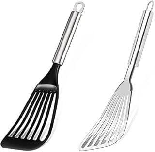 TENTA TENTA KITCHEN Pack of 2 Stainless Steel Slotted Fish Spatula and Nylon Slotted Egg Spatula Turner Shovel Non-Stick Heat Resistant Kitchen Utensils for Frying Fish, Eggs, Meat,French, Fries