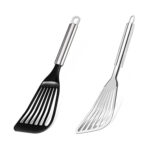 TENTA TENTA KITCHEN Pack of 2 Stainless Steel Slotted Fish Spatula and Nylon Slotted Egg Spatula Turner Shovel Non-Stick Heat Resistant Kitchen Utensils for Frying Fish, Eggs, Meat,French, Fries Cover