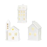 Weiße Keramik-Weihnachtsdorfhäuser, LED-beleuchtete Weihnachtshäuser-Dekoration, Weihnachtshaus-Nachtlicht, Porzellan-Dorf, Miniatur-Weihnachtsfiguren, Dekorationen für Zuhause, Tischdekoration