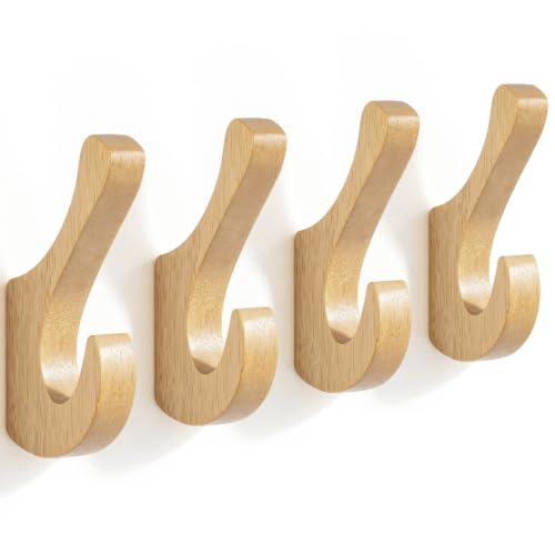 SAUNNIHEN 4pcs Perchero Madera, Gancho de Pared para Albornoces Ropa Sombreros Toallas, Colgador con Tornillos, para Entrada Recibidor Dormitorio Baño Cocina Pasillo