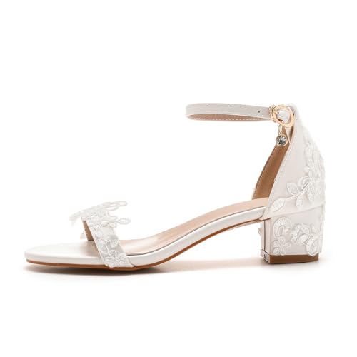 Bridal Shoes Low Heel Women's Leather Peep Toe Sandals 1.8 Inch Short White Heels Wedding Party Evening Casual Low Heels for Women Applique Bridal Sandals for Wedding2