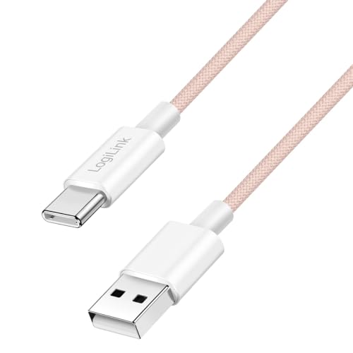 USB 2.0 Typ-C Anschlusskabel, A (Stecker) zu C (Stecker) mit Nylon-Ummantelung, 60W, Pink, 1 m