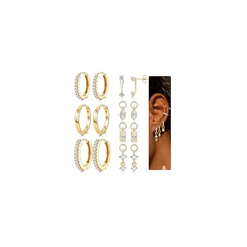 Besteel Small Gold Hoop Earrings for Women – Hypoallergenic 14K Gold Plated Hoops Cartilage Earring Sets for Multiple Piercing Dainty Silver Huggie Stud Earring Stacks with Charm