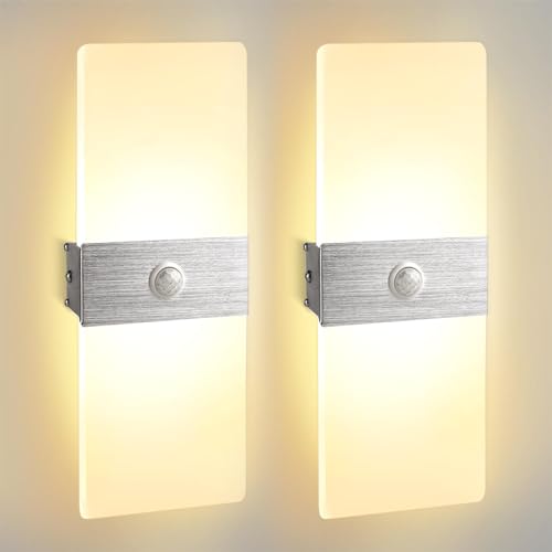 JaneYi Pack de 2 Aplique de Pared Interior Luz LED con Sensor de Movimiento 12W Lámpara de Pared Moderna Blanco Cálido 3000K Acrílico Aluminio para Pasillo Escaleras Balcón Salón Entrada