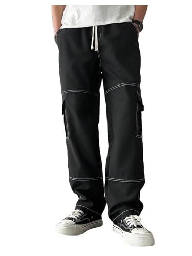 OYOANGLE Men's Flap Pocket Stitching Cargo Pants Elastic Drawstring Waist Straight Leg Trendy Trousers